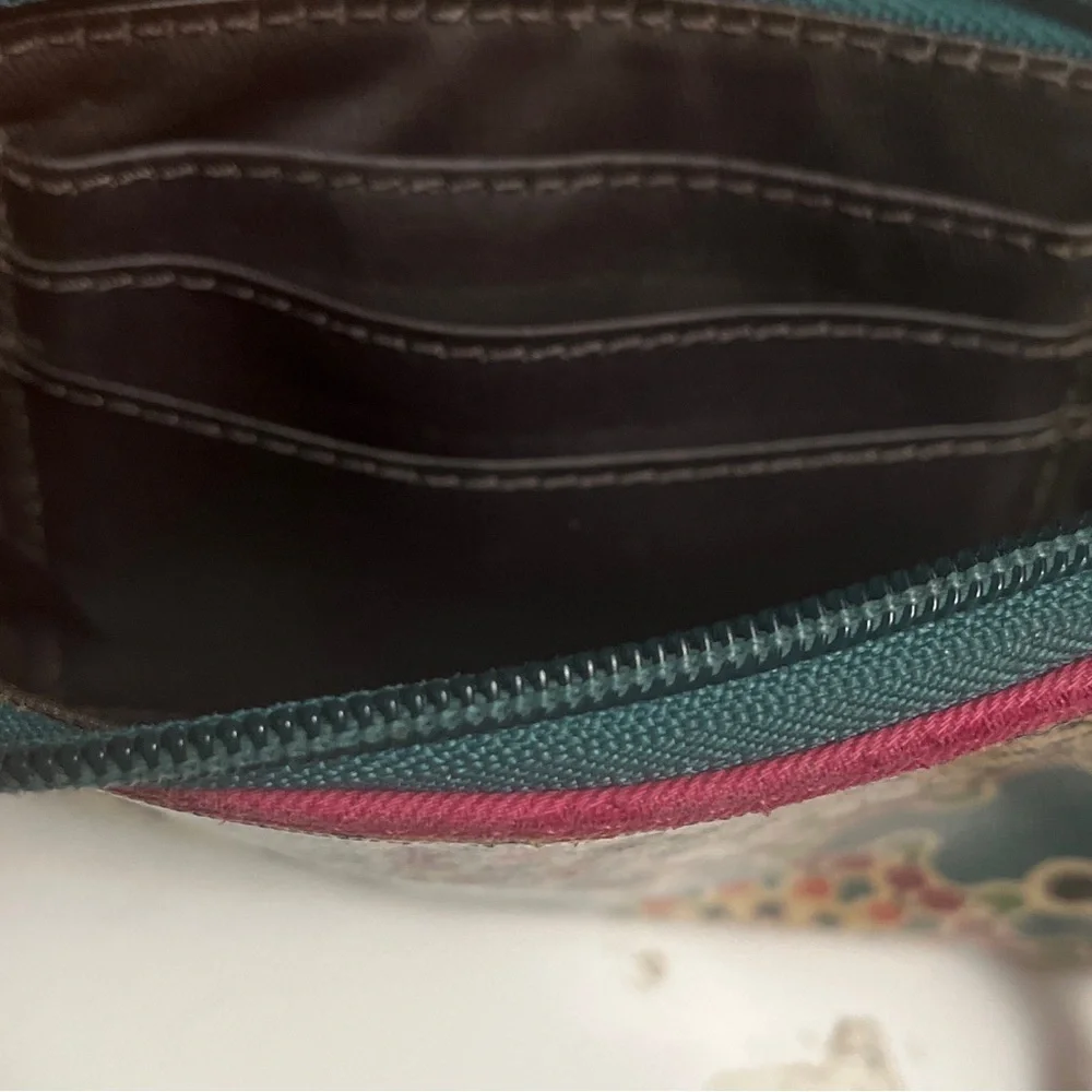 FOSSIL Key-Per Wristlet Coated Canvas Floral Multicolor Brown Leather Trim